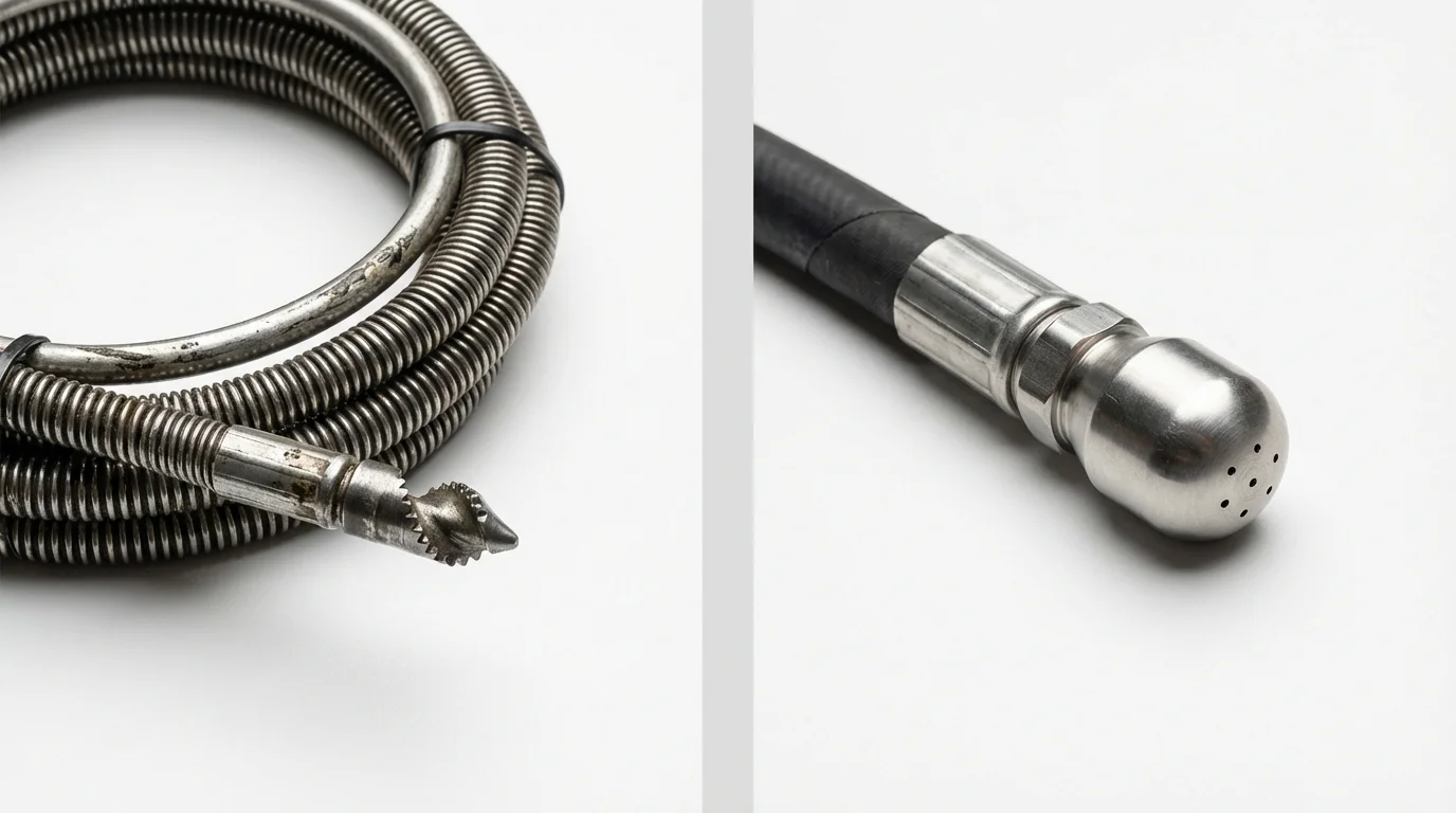 Drain snake cable and hydro jetting nozzle used for drain cleaning in Westmorland, CA