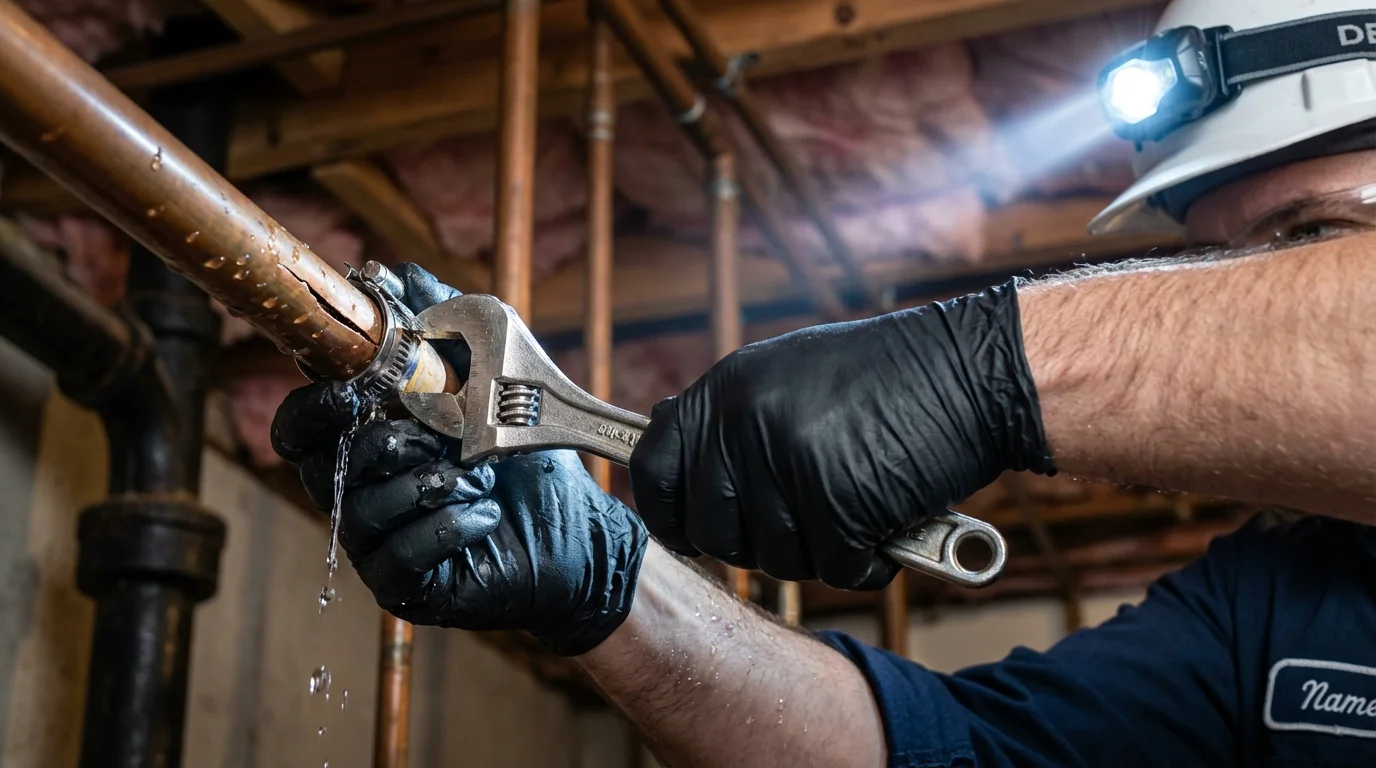 Emergency pipe clamp repair being performed by a Johns Plumbing LLC plumber in Westmorland