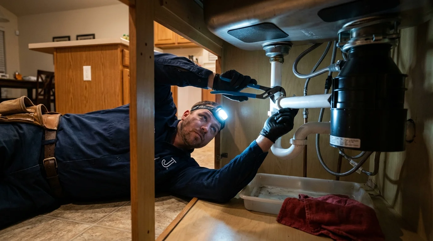 P-trap and supply line connections under a kitchen sink showing a common leak point in Westmorland, CA